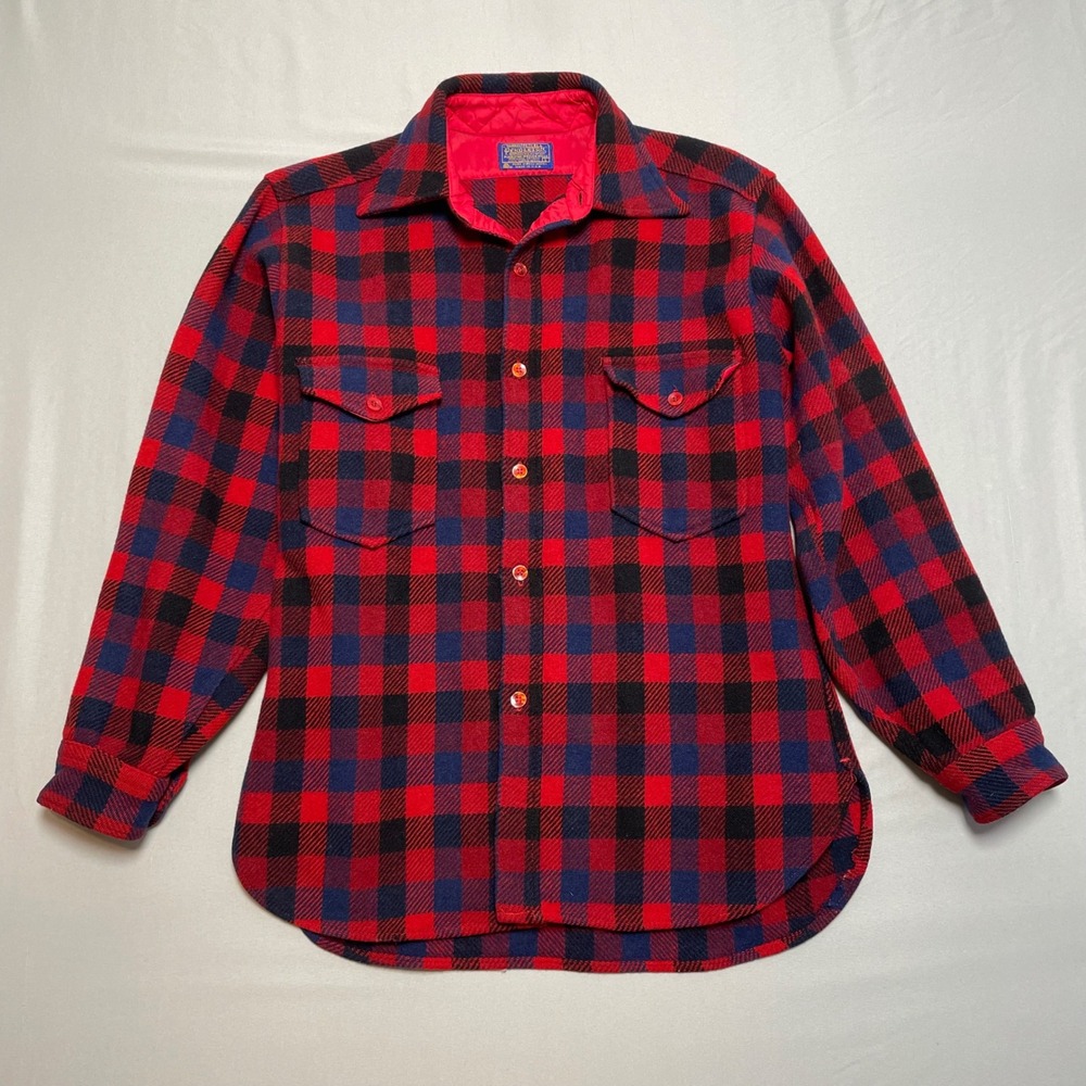 Vtg 70s Pendleton Wool Shirt L Red Navy Buffalo Plaid Lumberjack Trail USA